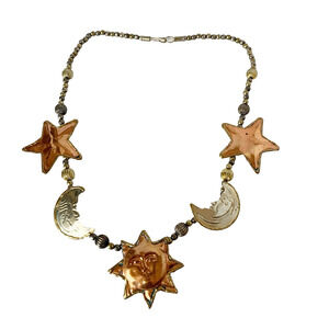 Vintage Celestial Necklace Mixed Metal Brass Silver Tone Copper Chunky 20" Sun
